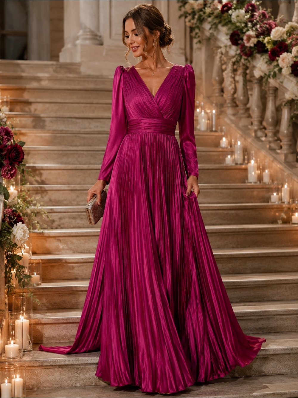 NWT Ieena for Mac Duggal Magenta Satin Pleated Long Sleeve Gown Size 6